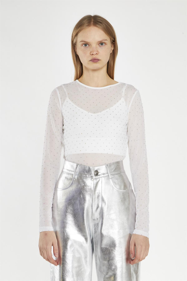 Glamorous White Rhinestone-Mesh Bodysuit