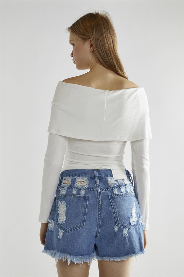 Glamorous White-Rib Bardot Long-Sleeve Top