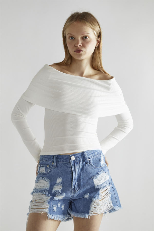 Glamorous White-Rib Bardot Long-Sleeve Top