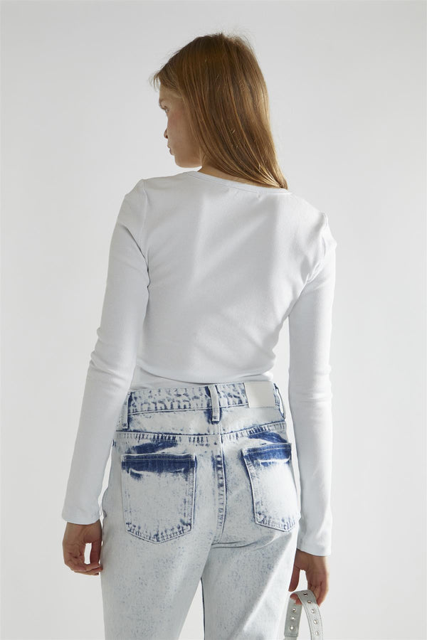 Glamorous White-Rib Crew-Neck Long-Sleeve Top