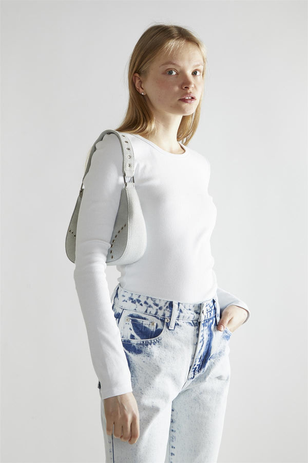 Glamorous White-Rib Crew-Neck Long-Sleeve Top