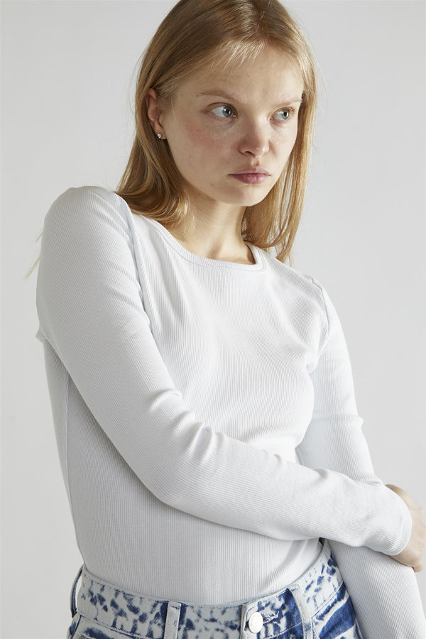 Glamorous White-Rib Crew-Neck Long-Sleeve Top