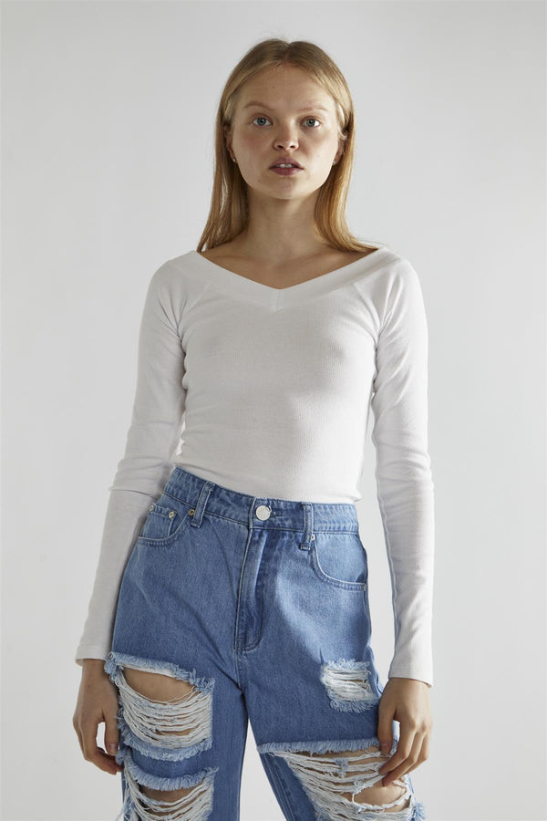 Glamorous White-Rib V-Neck Long-Sleeve Top