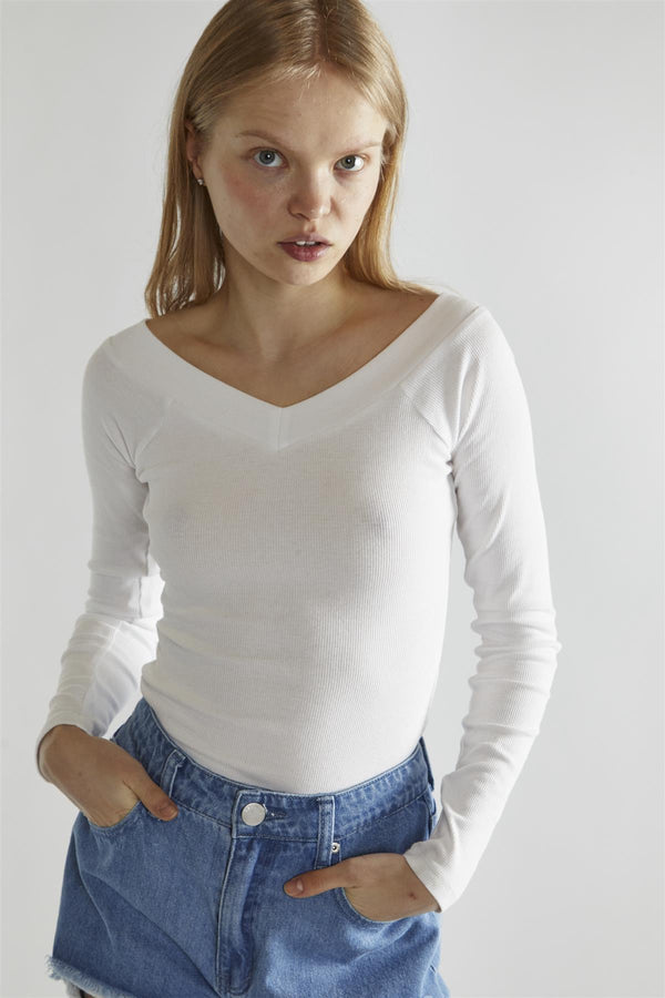 Glamorous White-Rib V-Neck Long-Sleeve Top