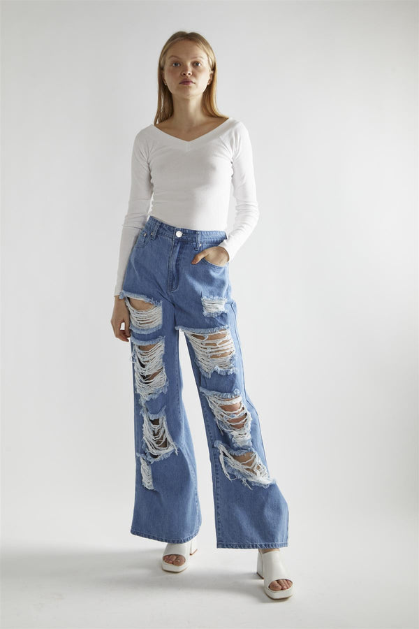 glamorous White-Rib V-Neck Long-Sleeve Top