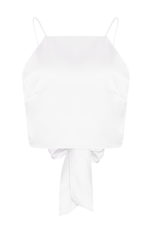 glamorous White-Satin Tie-Back Crop-Top