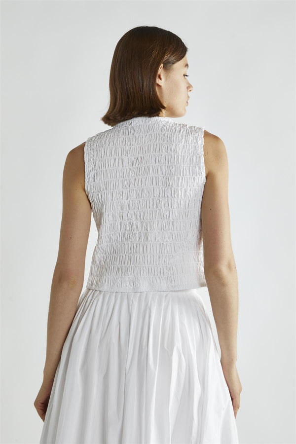 Glamorous White Shirred Tie-Front Top