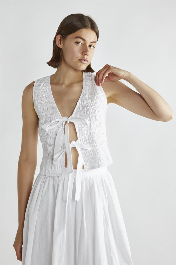 Glamorous White Shirred Tie-Front Top