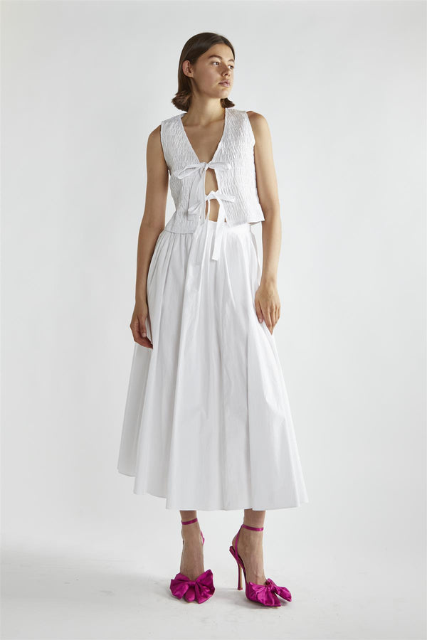 glamorous White Shirred Tie-Front Top