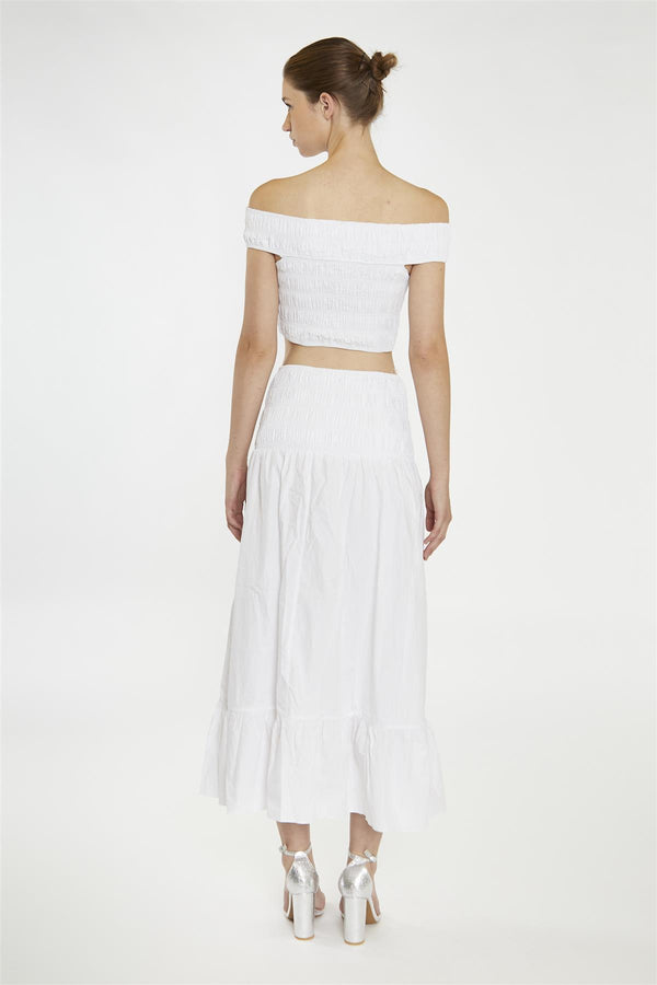Glamorous White Shirred-Waist Maxi-Skirt