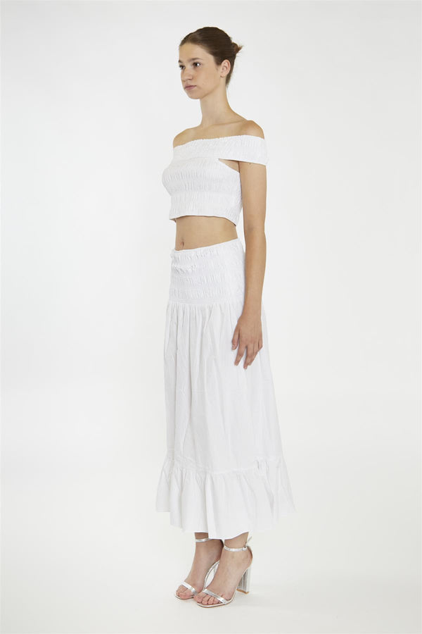Glamorous White Shirred-Waist Maxi-Skirt