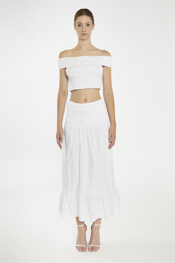 glamorous White Shirred-Waist Maxi-Skirt