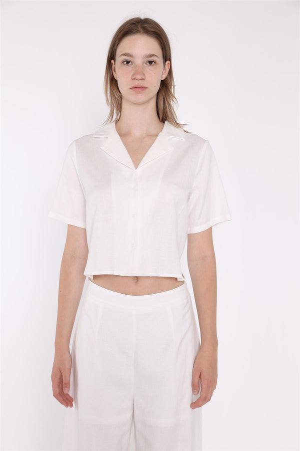 Glamorous White Short-Sleeve Cropped-Shirt