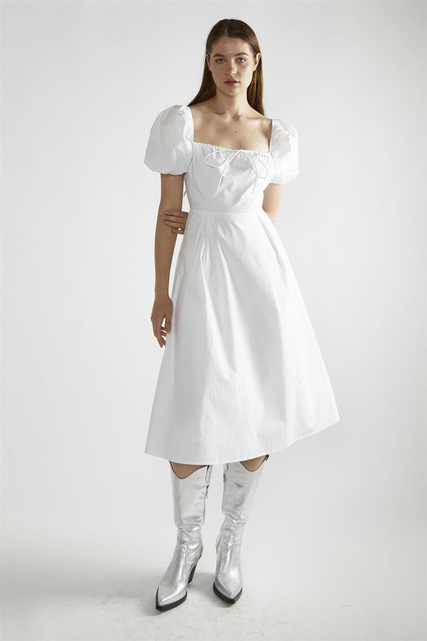 glamorous White Square-Neck Midi-Dress