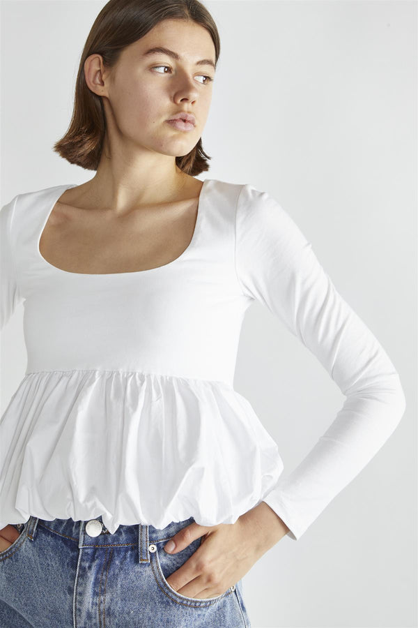 Glamorous White Square-Neck Puff-Peplum Top