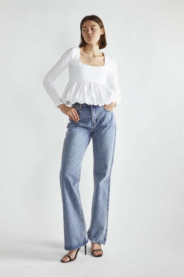 glamorous White Square-Neck Puff-Peplum Top