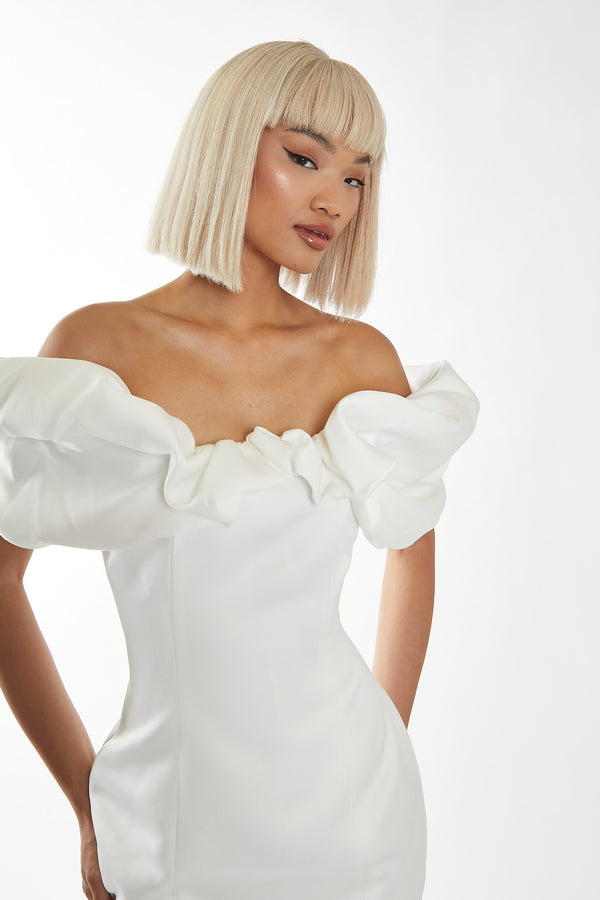 Glamorous White Statement Puff Bardot Mini-Dress