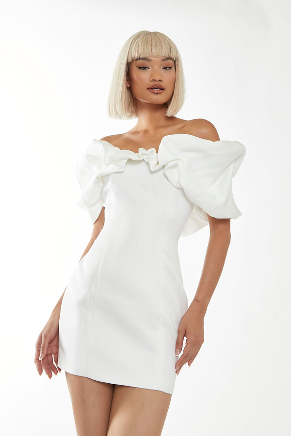 glamorous White Statement Puff Bardot Mini-Dress