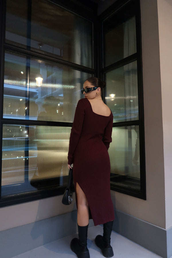 Glamorous Wine Square-Neck Knitted Midi-Dress