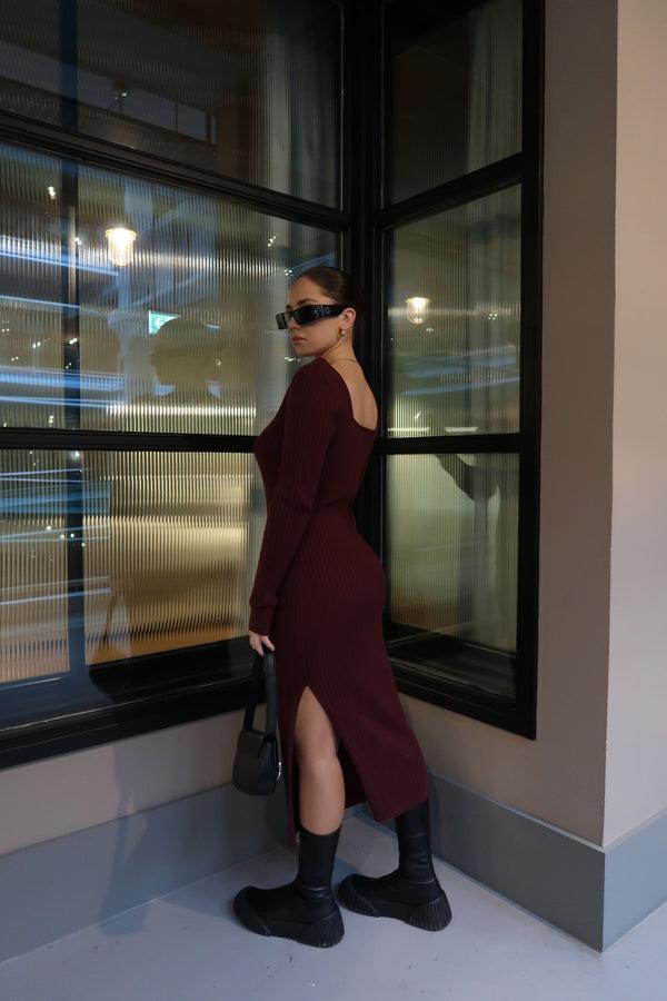 Glamorous Wine Square-Neck Knitted Midi-Dress