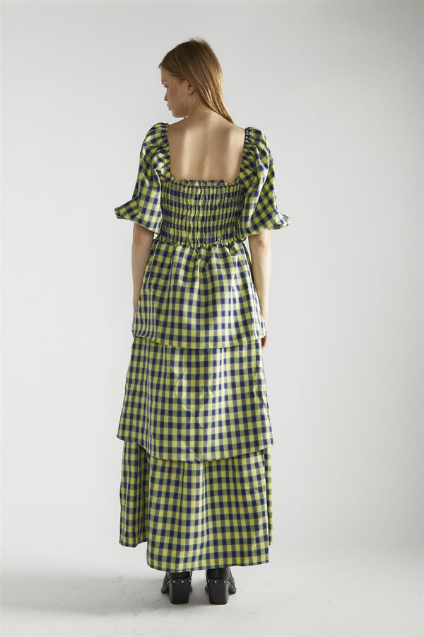 Glamorous Yellow-Blue Check Tiered Maxi-Dress