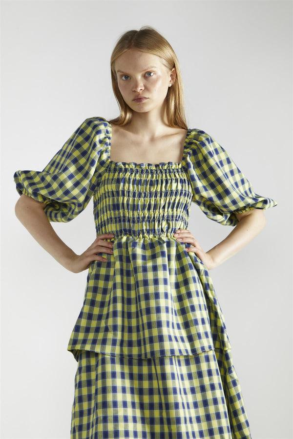 Glamorous Yellow-Blue Check Tiered Maxi-Dress