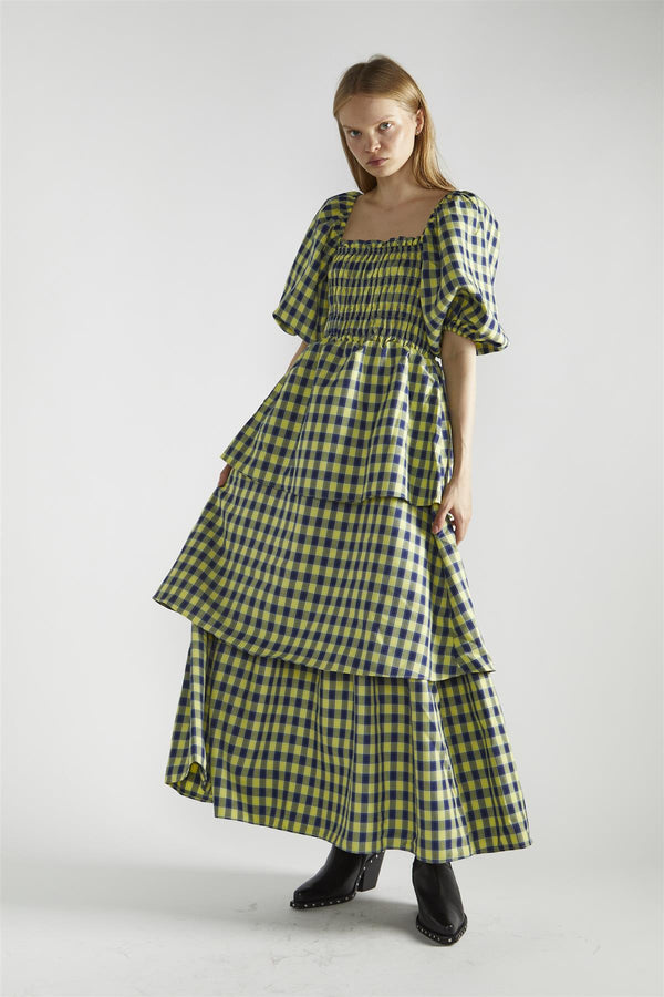 glamorous Yellow-Blue Check Tiered Maxi-Dress