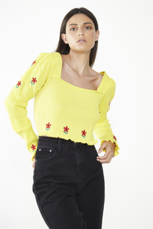 Glamorous Yellow Floral-Print Long-Sleeve Jumper