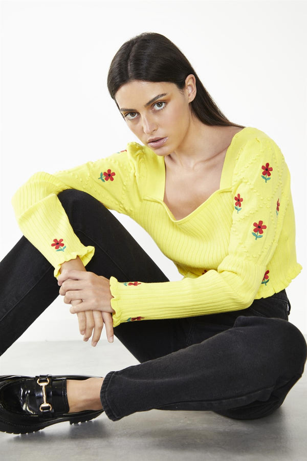 Glamorous Yellow Floral-Print Long-Sleeve Jumper