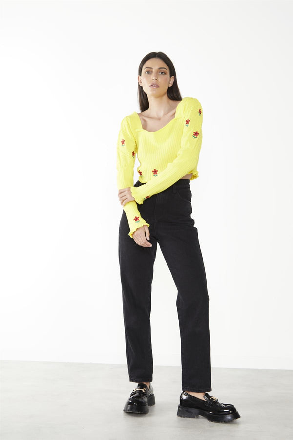 glamorous Yellow Floral-Print Long-Sleeve Jumper