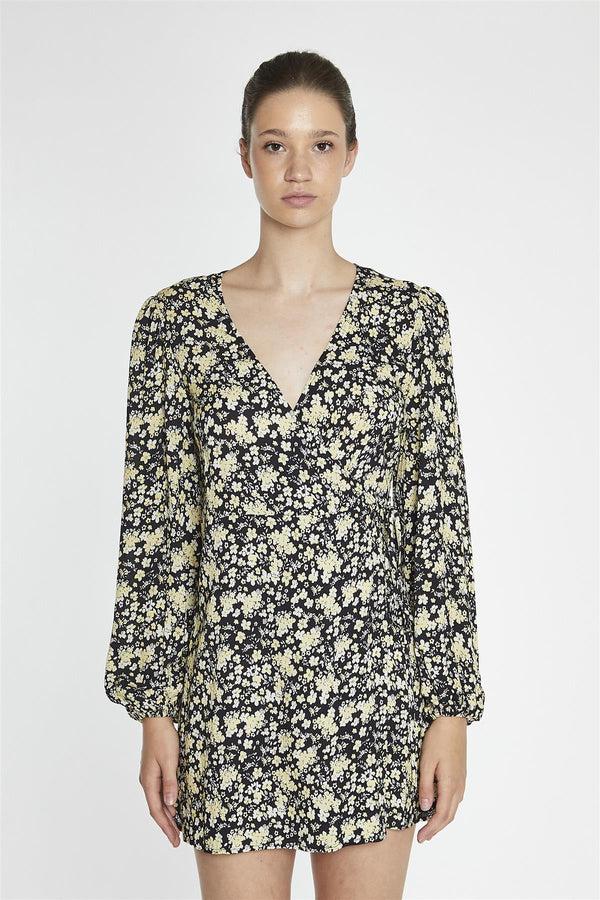 Glamorous Yellow-Folk Floral Wrap Mini-Dress