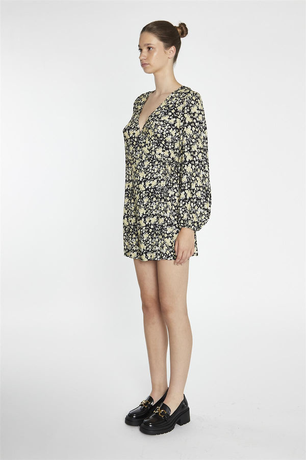 Glamorous Yellow-Folk Floral Wrap Mini-Dress