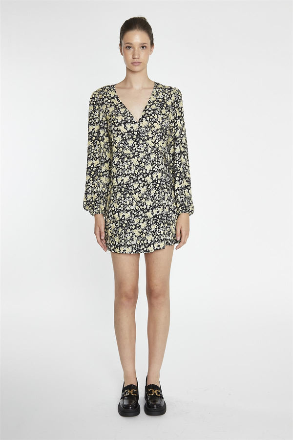 glamorous Yellow-Folk Floral Wrap Mini-Dress