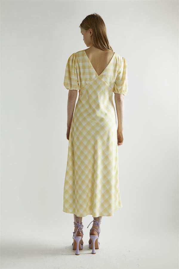 Glamorous Yellow Ombre-Check A-Line Midi-Dress