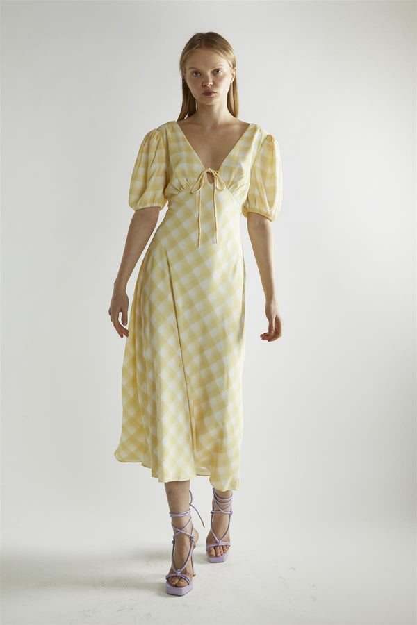 glamorous Yellow Ombre-Check A-Line Midi-Dress