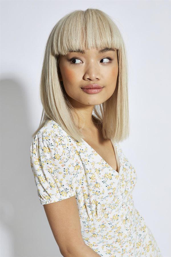 Glamorous Yellow-Peach Ditsy V-Neck Mini-Dress