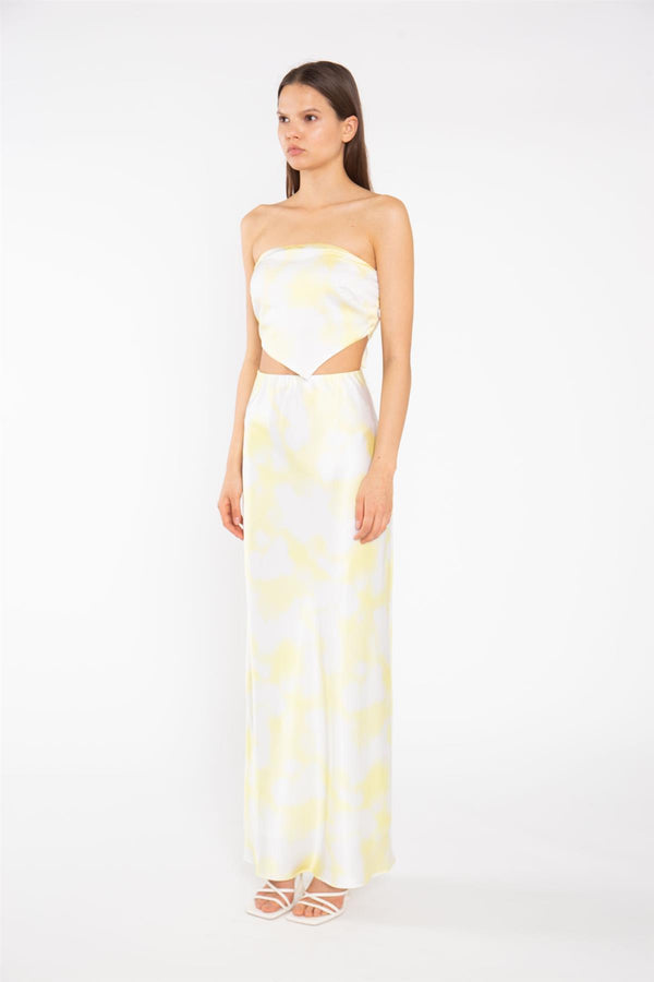 Glamorous Yellow Print-Satin Bias-Cut Maxi-Skirt