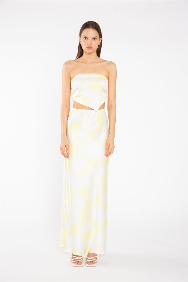 glamorous Yellow Print-Satin Bias-Cut Maxi-Skirt