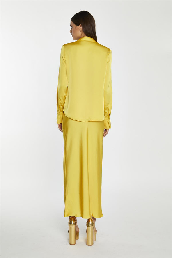 Glamorous Yellow Satin Bias-Cut Midi-Skirt