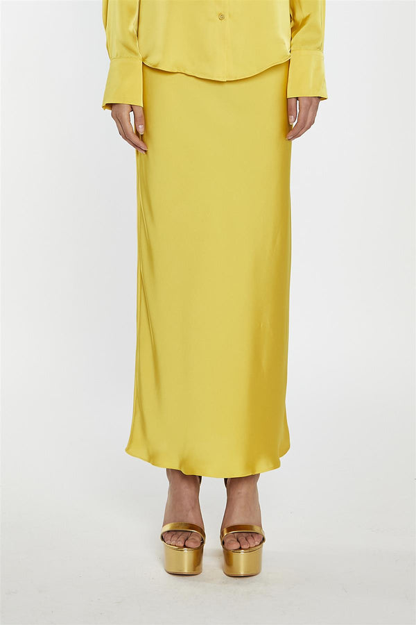 Glamorous Yellow Satin Bias-Cut Midi-Skirt
