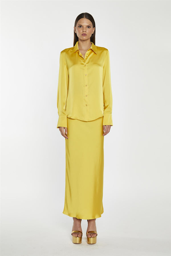 glamorous Yellow Satin Bias-Cut Midi-Skirt