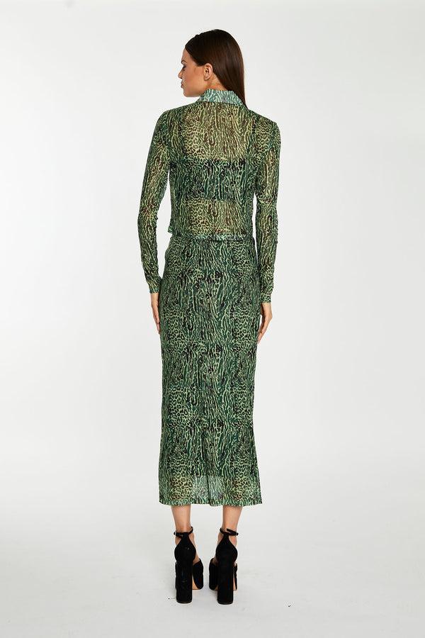 Glamorous Green-Black Animal Mesh Pencil Midi-Skirt