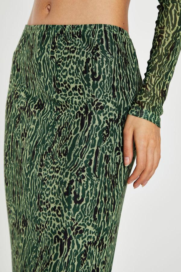 Glamorous Green-Black Animal Mesh Pencil Midi-Skirt