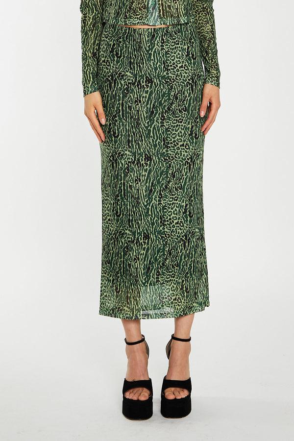 Glamorous Green-Black Animal Mesh Pencil Midi-Skirt