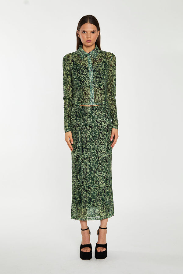 glamorous Green-Black Animal Mesh Pencil Midi-Skirt