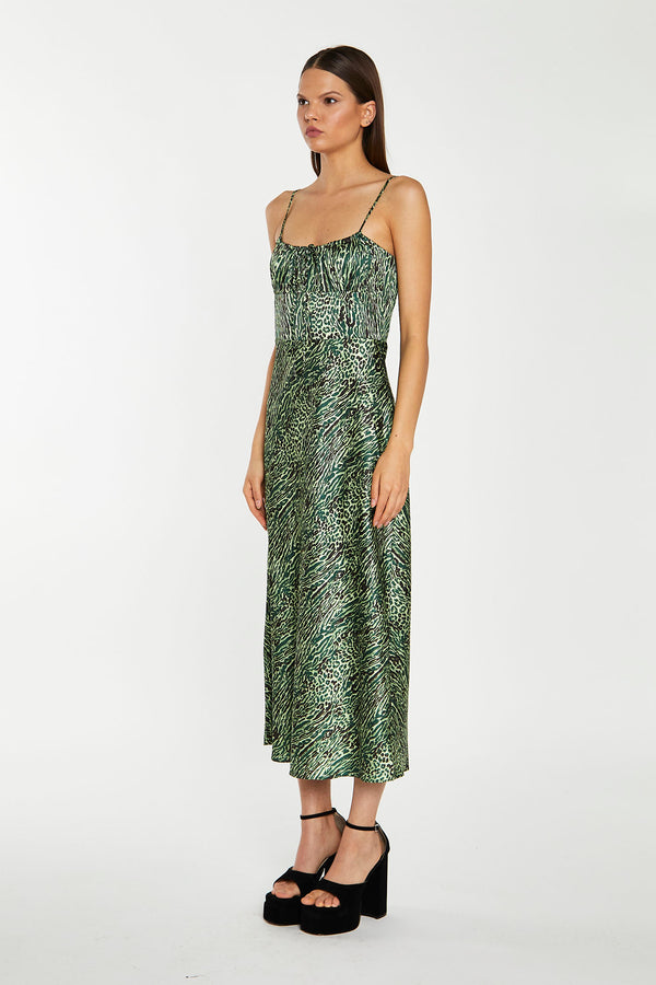 Glamorous Green-Black Animal Strappy Milkmaid Midi-Dress