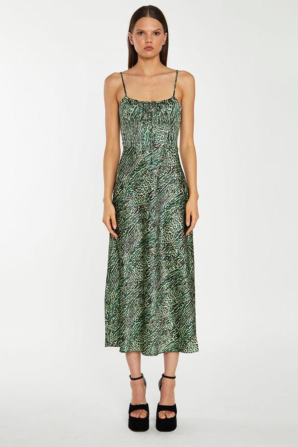 glamorous Green-Black Animal Strappy Milkmaid Midi-Dress