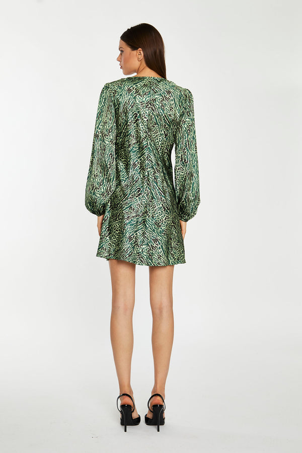 Glamorous Green-Black Animal V-Neck Puff-Sleeve Mini-Dress