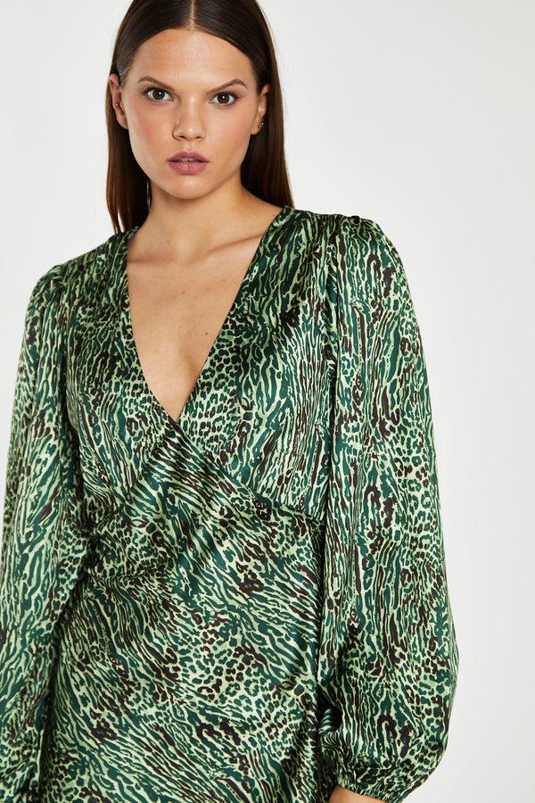 Glamorous Green-Black Animal V-Neck Puff-Sleeve Mini-Dress