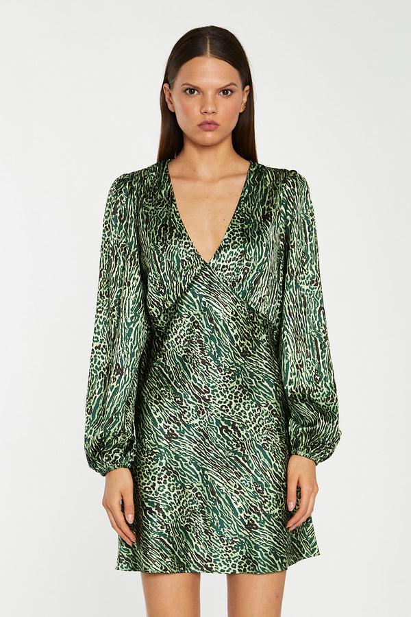 Glamorous Green-Black Animal V-Neck Puff-Sleeve Mini-Dress